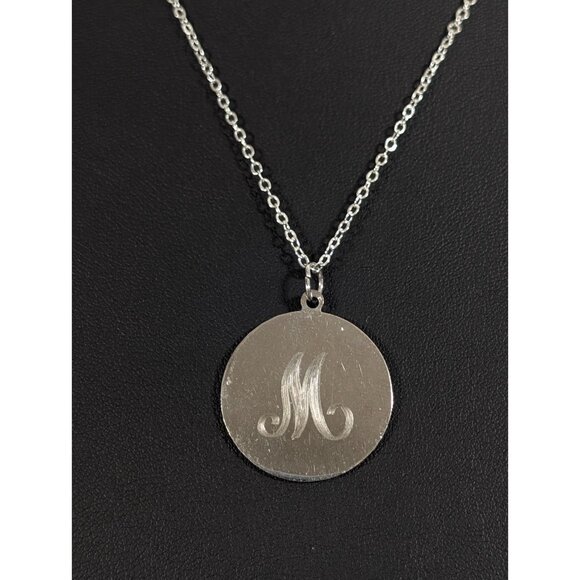 Silver Tone Initial Letter M Etched Round Pendant Necklace Monogram 18 in - Picture 1 of 8